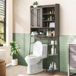Over The Toilet Storage Cabinet, 31.5" L x 7.7" W x 66.9" H, Bathroom Organizer with Adjustable Shelves and Sliding Door, Farmhouse Above Toilet Storage for Small Bathrooms, Sturdy Metal Frame