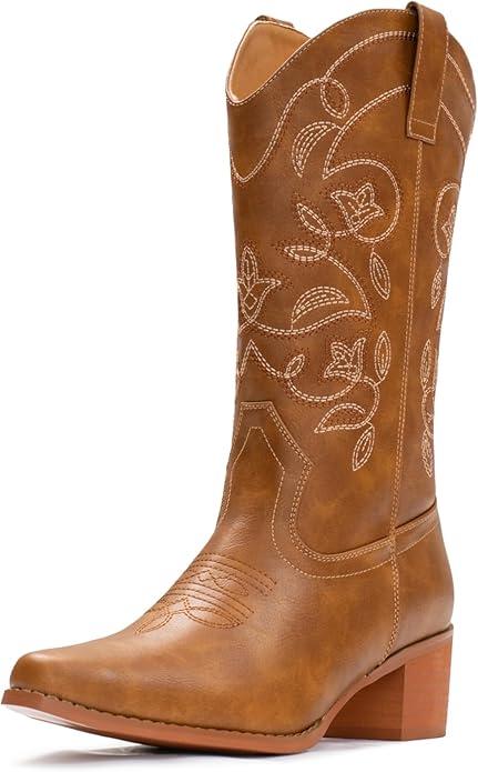 IUV Cowboy Boots For Women Pointy Toe Women's Western Boots Cowgirl Boots Mid Calf Boots 8.5