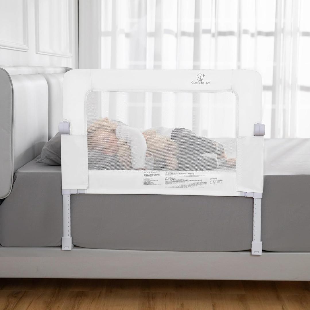 ComfyBumpy Premium Adjustable Bed Rail for Toddlers, Swing-Down Safety Guard, Height Adjusts 24.4"–32.3" H, 35.5" Regular Length, Sturdy Steel & Breathable Mesh, for Twin, Full & Queen, White, 1-Pack