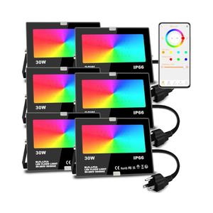 Led Flood Light 30W, 300W Equivalent 3000 LM Outdoor Color Changing Led Stage Landscape Lights, Bluetooth RGBW Smart Floodlights 2700K & 16 Million Colors&Timing& Music Sync, IP66，US 3-Plug (6 Pack)