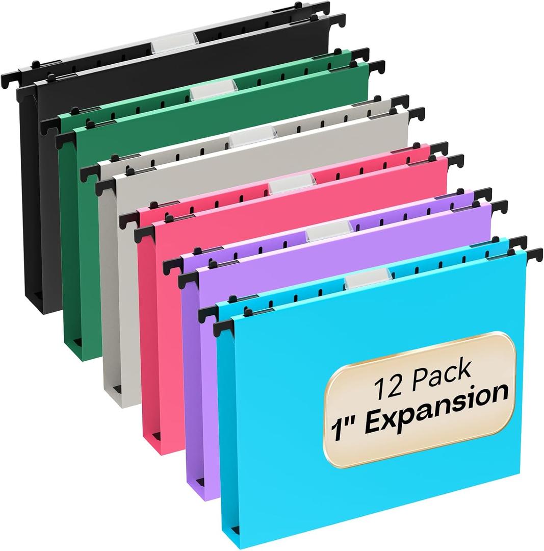 Plastic Heavy Duty Hanging File Folders Letter Size,1 Inch Expansion,12 Pack Reinforced Extra Capacity Hanging Folders,Durable File Cabinet Folders,for Bulky Hanging Files,Assorted Colors