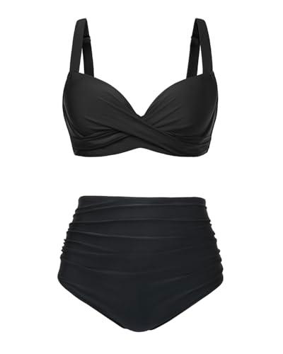 Aqua Eve Women Underwire Bikini Set - High Waisted Two Piece Swimsuit Tummy Control Bathing Suit 2025 Push Up Swimwear Black M top only