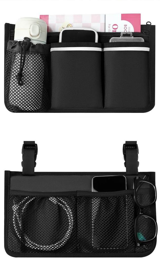 Wheelchair Bag, Walker Bag, Armrest Organizer Pouch with Cup Holder, Reflective Strip, Accessories for Most Wheelchairs, Walkers, Rollators (Black)