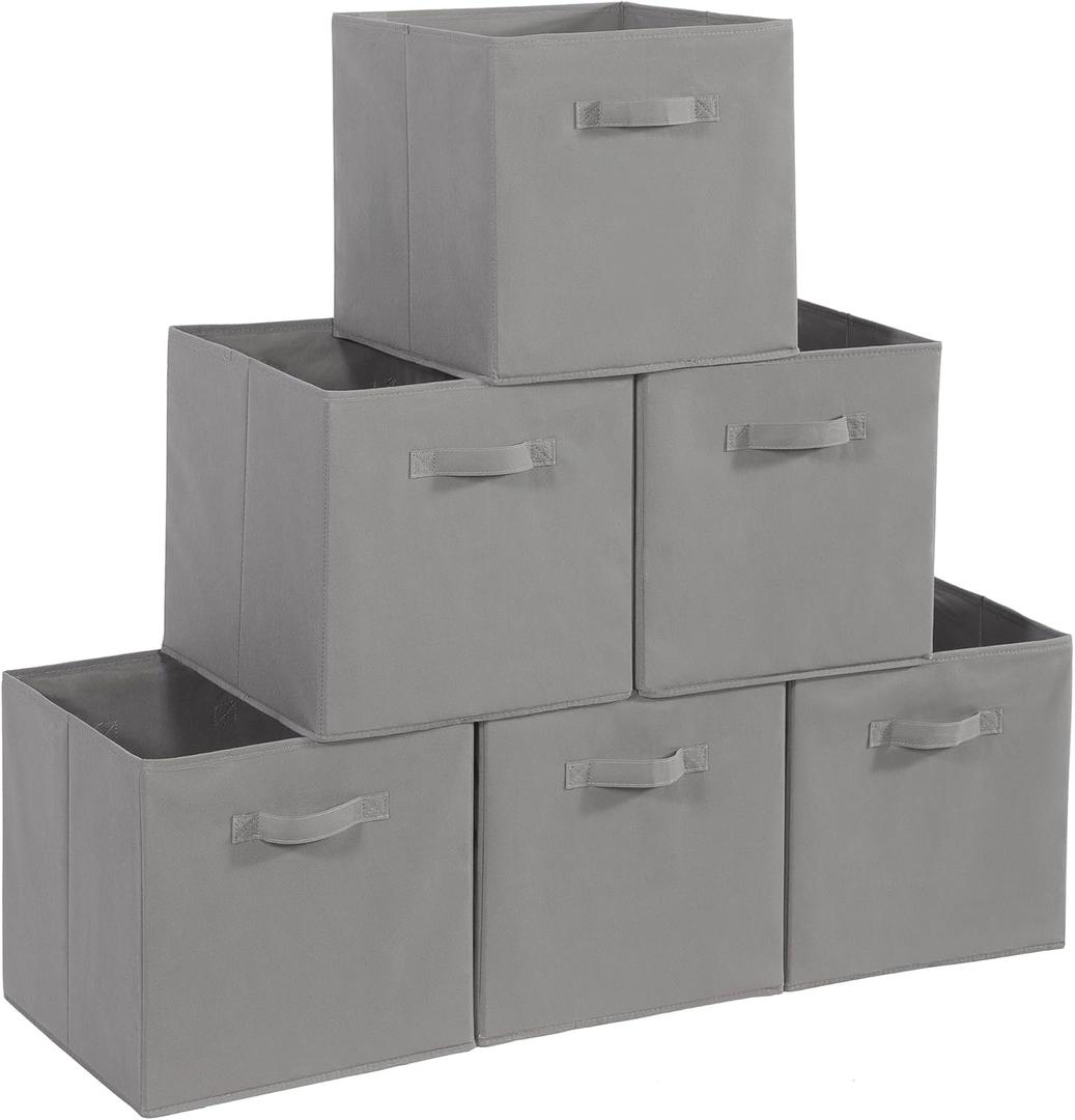 11x11 Storage Bins, Set of 6 Storage Cubes. Collapsible Cube Storage Bins, Fabric Closet Organizers with Handles for Home, Office, Closet Shelf Cabinet, Bookcase, Grey
