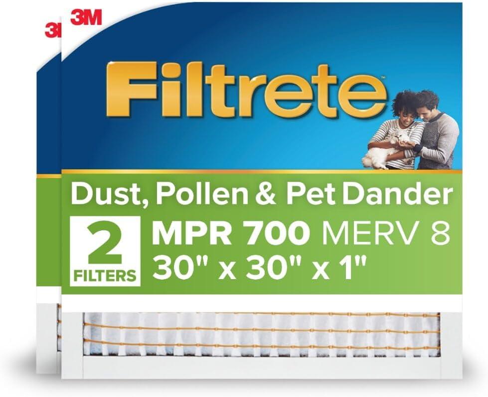 Filtrete 30x30x1 AC Furnace Air Filter, MPR 700, MERV 8, Tough on Pollen, Easy on Airflow, 3-Month Pleated 1-Inch Electrostatic Air Cleaning Filter, 2-Pack (Actual Size 29.81 x 29.81 x 0.65 in)
