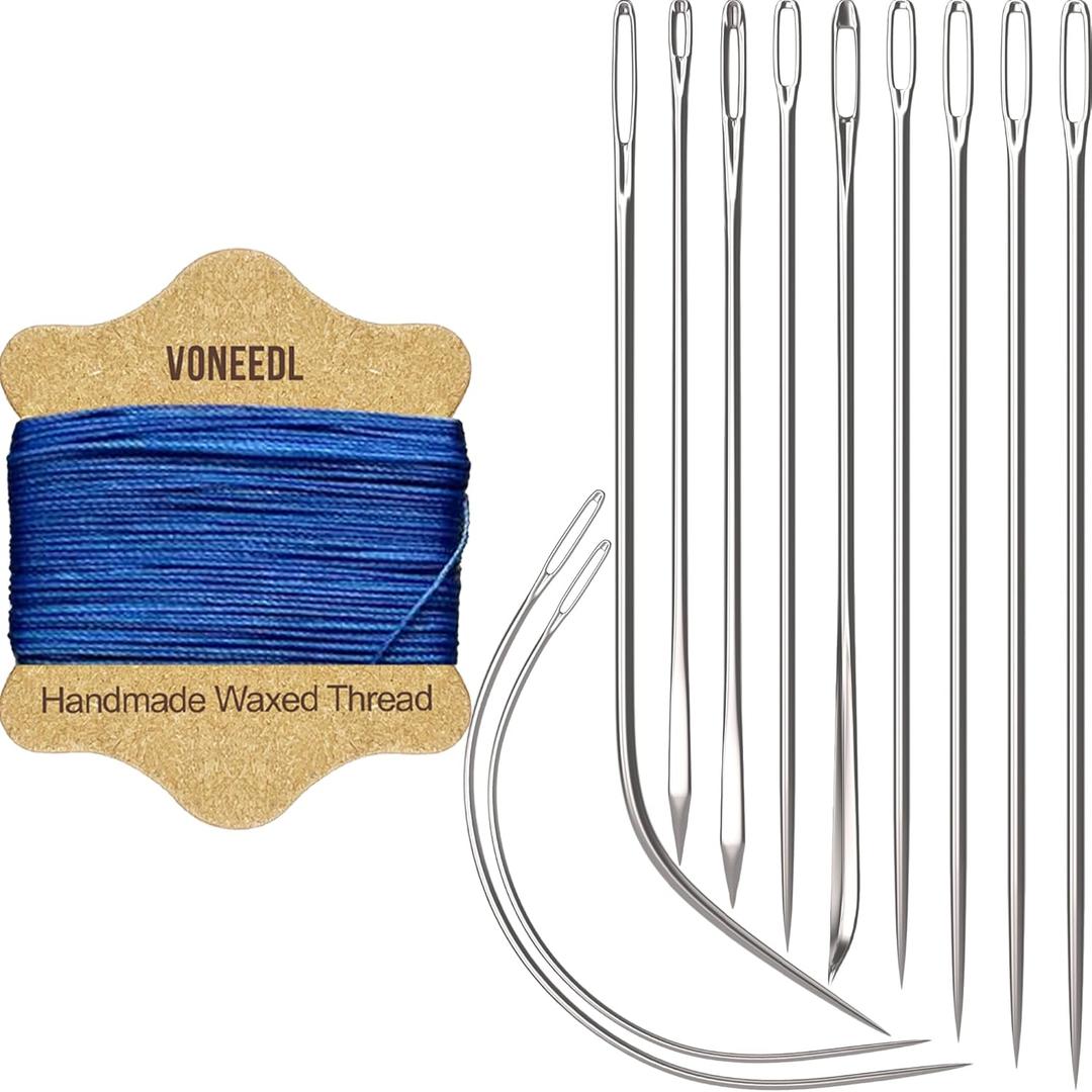 Upholstery Repair Kit: Waxed Sewing Thread (Blue Color) & Heavy Duty Needles (11 PCS) for Leather, Canvas & Quilting Thread