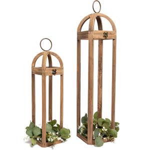 HPC Decor Large Rustic Farmhouse Lantern Decor Set of 2, Tall 30 Vintage Wooden Lanterns, Modern Candle Lanterns Decorative w/Light String and Garland for Home, Indoor,Outdoor,Fireplace Mantle Decor