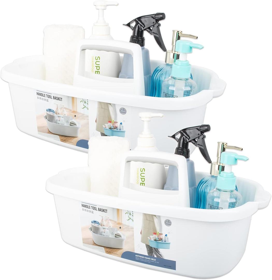 Large Cleaning Supplies Caddy Portable Shower Basket Supply Organizer with Handle Plastic Bucket Tool Storage for Bathroom, Bedroom, Kitchen, College Dorm, Garden, White 2 Pack