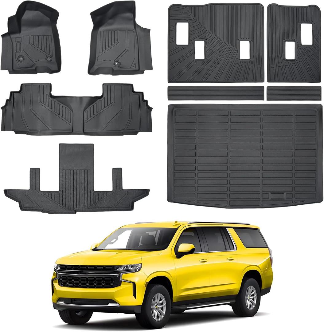 KUST Floor Mats Cargo Mat Set for 2021-2025 Chevy/Chevrolet Suburban & GMC Yukon XL, All Weather Trunk Mat Backrest Mat for Suburban/Yukon XL Accessories TPE Rubber Liners (7 Seater Only)