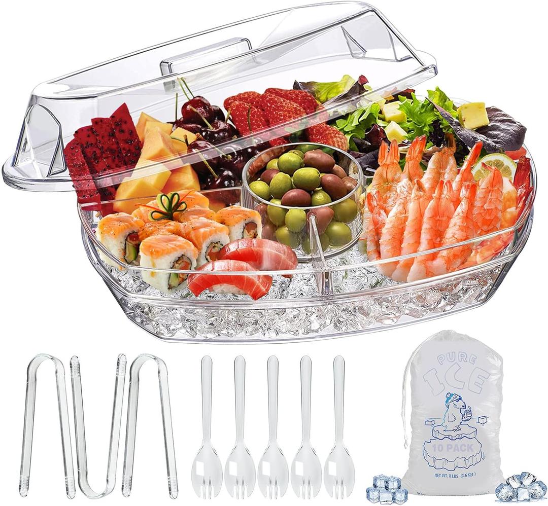 LIMOEASY Chilled Serving Tray, 15" Clear Plastic Party Platter with 4 Compartments, Ice Serving Bowl with Lid, Shrimp Cocktail Serving Dish, Cold Food Buffet Server for Fruit, Veggie, Appetizer, Sushi