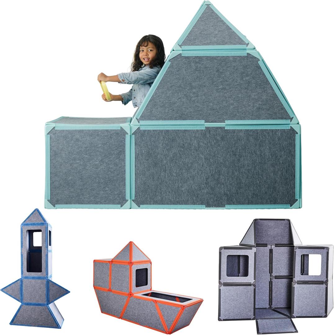 Superspace Giant Magnetic Fort Building Panels - The Big Set, Turquoise, 24 Panels, Life-Size Magnetic Tiles Kids, Build Forts Castles Rockets, STEM Toy Ages 3-10+, Eco-Felt, Indoor & Outdoor, 20" x 20" (Blue)