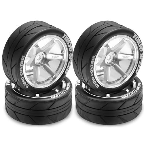 Dantenron 1/10 RC On Road Tires OD 65mm and Aluminum Street Wheels 12mm Hex Touring Tyres for 1:10 Rally Racing Drift Car Tamiya TT01 TT02 XV01 HPI KYOSHO HSP PTG2 Traxxas TA06 A959 PTG2 (Silver)