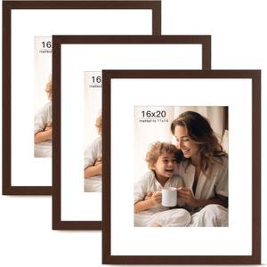 16x20 Picture Frame with Mat for 11x14 Set of 3, Drak Brown Wood Grain 16x20 Frames for Horizontal & Vertical Wall Mounting (3 Pack,Walnut)