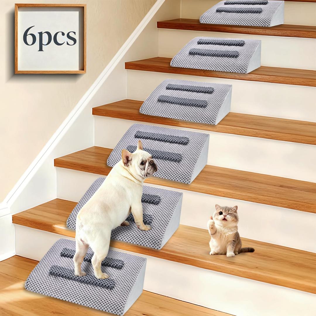 Dog Ramp for Stairs with AntiSlip Bump for Small & Senior Dogs and Cats – Stair Wedges for Dogs with Gentle Slope, Pet Ramp with Washable Cover & SelfSticky Pads for Safe Climbing (Gray, 6 Pack)