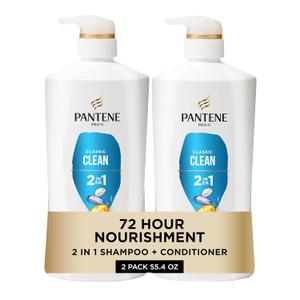 Pantene 2-in-1 Shampoo & Conditioner, Classic Clean - Pro-V Nutrients for Dry, Color-Treated Hair, Healthy Looking Hair Every Wash, Antioxidant-Rich, 27.7 Oz Each, 2-Pack + Rescue Shot (0.5 Oz)