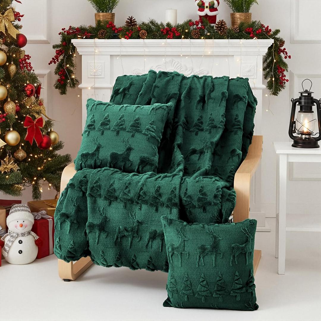 Tegeme Christmas Blanket & Throw Pillow Cover Set, Reindeer Christmas Tree Throw Dutch Velvet Faux Rabbit Fur (50x60) & 2 Fur Plush Pillow Covers (18x18) for Winter Holiday Couch Sofa Bed (Green)