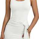 Women Summer Tank Dress Tie Front Bodycon Sleeveless Square Neck Casual Party Club Mini Dresses (White, M)