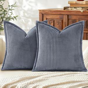 Mecatny Corduroy Summer Throw Pillow Covers 16x16 Set of 2, Neutral Decorative Soft Boho Couch Pillow Covers with Broadside for Sofa Living Room, Blue Grey