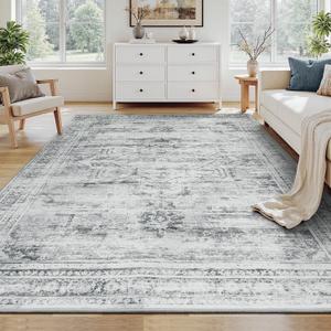 Washable Area Rugs 9x12 Living Room, Large Soft Faux Wool Cozy Bedroom Dining Room Floor Carpets, Neutral Retro Distressed Non Slip Grey White Rug for Inside House Office Decor