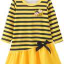 HIGHUZZA Baby Girl Clothes, Long Sleeve Bow Tie Embroidered Striped Yellow Bee Outfits for Fall Casual Birthday Party 12-18 Months