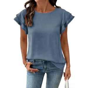 Dokotoo Summer Tops for Women 2026 Casual Round Neck Ruffle Cap Sleeve Blouse Shirts Solid Color Tunic Tops (Blue, S)