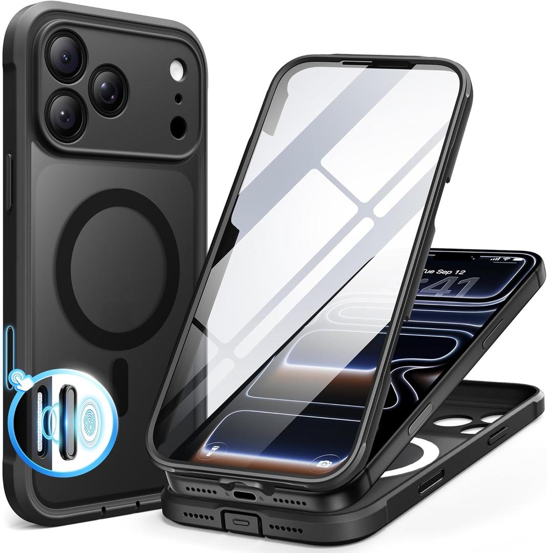 BERFY for iPhone 17 Pro Max Case, Compatible with MagSafe, Built-in Glass Screen Protector, Camera Protection, Shockproof Full Body Phone case 6.9", Translucent Black