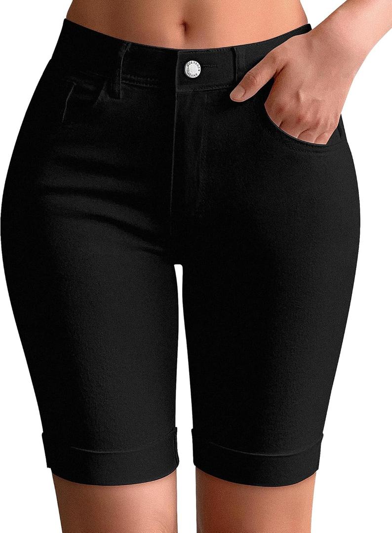 roswear Womens Mid Rise Roll Cuff Bermuda Stretch Denim Jean Shorts Black X-Large