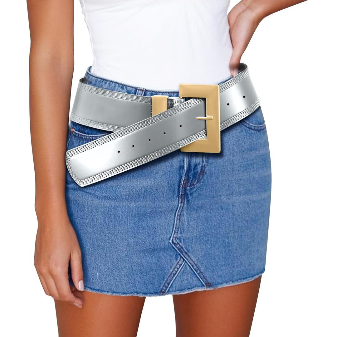 Giomos Chunky Western Belts for Woman, Boho Leather Belt with Big Buckle, Cowgirl Hip Fashion Accessory for Dresses (Gray)