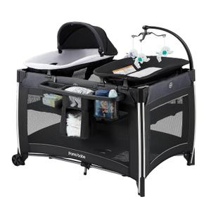Pamo Babe 4 in 1 Baby Playards with Bassinet & Changing Table, Portable Crib Breathable Mesh and Toy Mobile (Black)