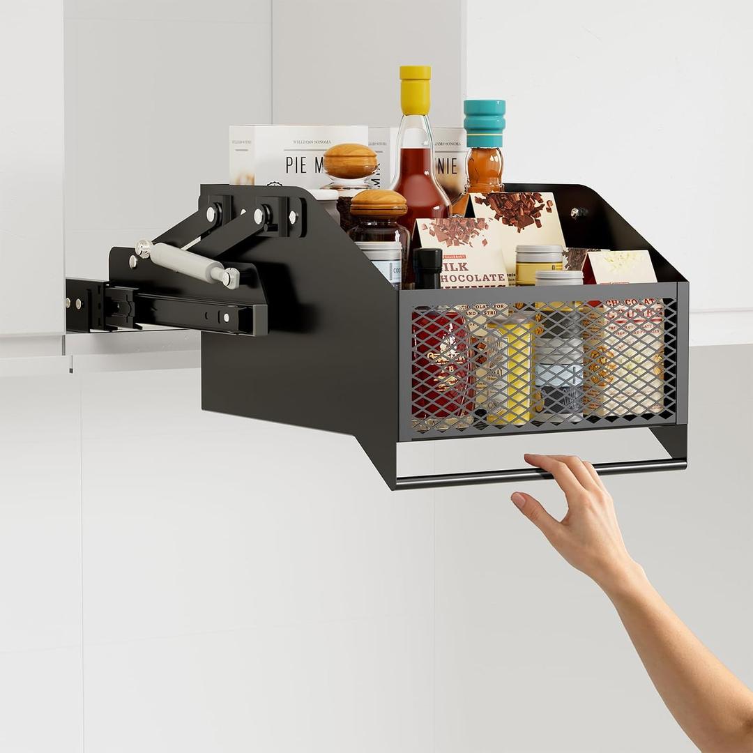HOUSE AGAIN Pull-Down Cabinet Organizer for High/Deep Cabinets, Drop Down Spice Rack, 12.6" Out & 1.8" Down, Dual Install (Screw/3M Tape), Fits Frameless, for Spices, Snacks and Small Bottles (Black)