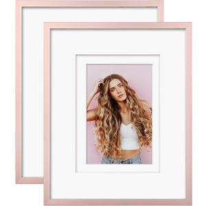 Egofine 8x10 Aluminum Picture Frame Display with Mats for 4x6/5x7 or 8x10 without Mat, Metal Picture Frame Covered by Plexiglass for Tabletop and Wall Mounting, 2 Pack, Rose Gold
