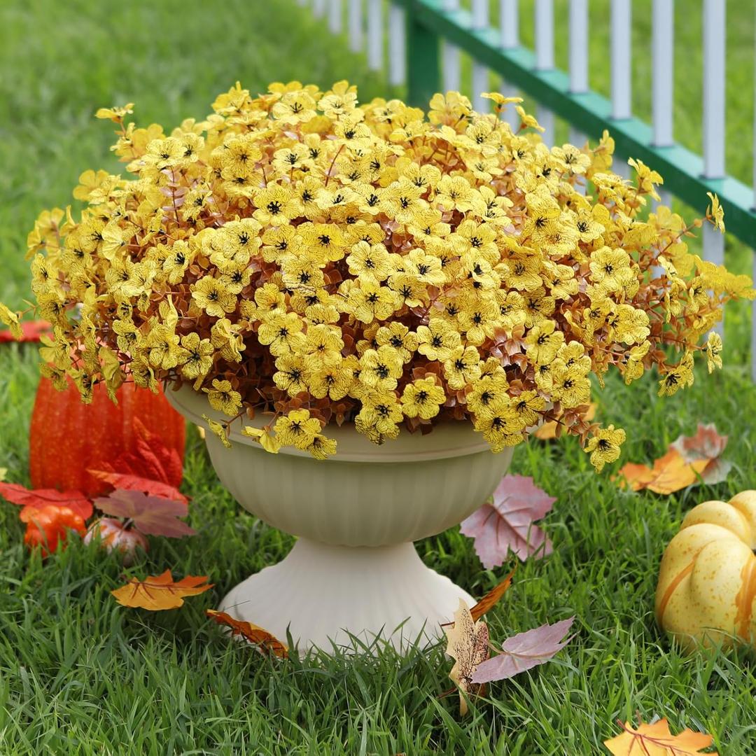 12 Bundles Artificial Mums for Outdoors, Fall Fake Flowers Outside UV Resistant, Faux Fall Mums Flowers for Outdoor Planters, Window Boxes, Front Porch-Fall Yellow