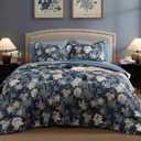 Queen Comforter Set -7 Pieces Floral Navy Blue Comforter Set for All Seasons, Bed in a Bag Queen with Botanical Flowers Comforter, Sheets, Pillowcases & Shams