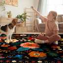 RELEANY Floral Nursery 6x9 Area Rugs Washable Print Boho Cute Carpet Non Slip Flower Low Pile for Living Room Kids Girls Playroom Bedroom Kitchen Office Farmhouse-Black