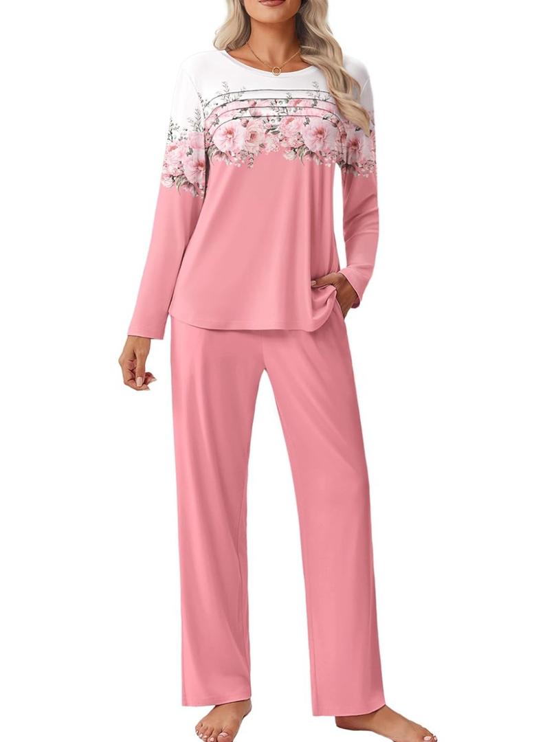 Ekouaer Womens Pajama Sets Pleated Tops with Long Pants Lounge Set Long Sleeve Fall Sleepwear Ladies Pjs XL, Pink Floral