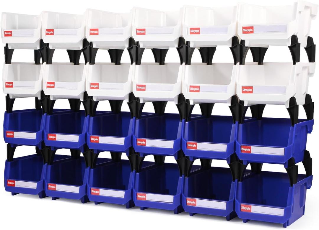 Shineyaplus Stackable Storage Bins 24 Pack (5x4x3 Inch), Plastic Stackable Storage Organizer Bins Wall Mounted Hanging Small Parts Bin for Garage, Workbench & Office (Blue & White)