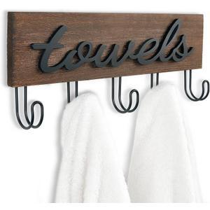 Mkono Towel Holder Wall Mounted Towel Racks for Bathroom Farmhouse Decor Rustic Wood Towel Hooks Hang Towels Bathrobe Coat Clothing 12.6" x 5.2" Bath Towel Hanger Storage Organizer