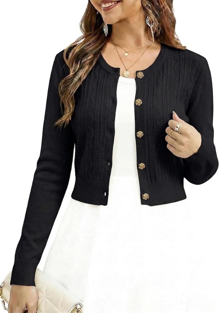 Women's 2026 Button Down Cardigan Sweater Bolero Shrug Long Sleeve Cropped Cardigan Knit Sweaters (Large, Black-6325)