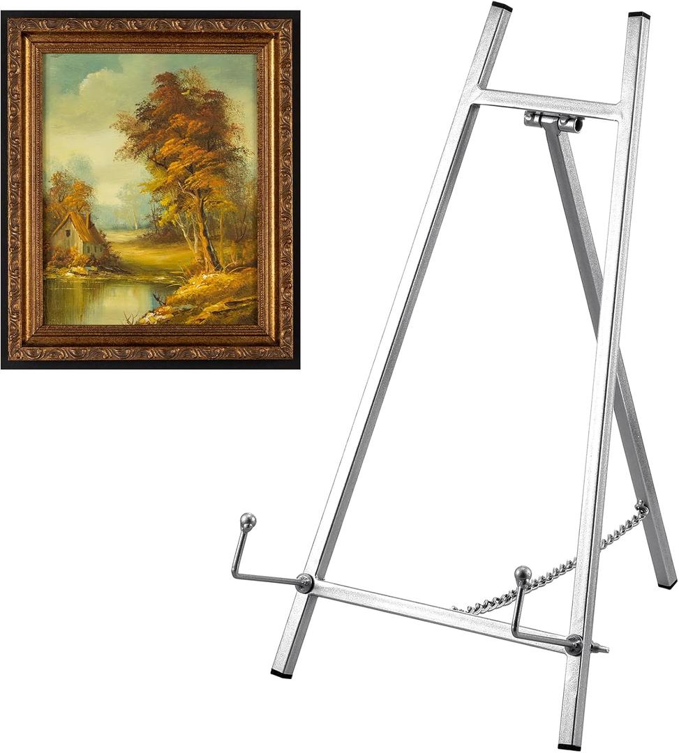 Leinuosen Metal Easel Stand 16.5" H x 8.7" W x 4.3" D Table Top Easel Stand for Display Tripod Art Picture Mirror Modern Plate Holder for Display Book Photo Wedding Sign(Silver)