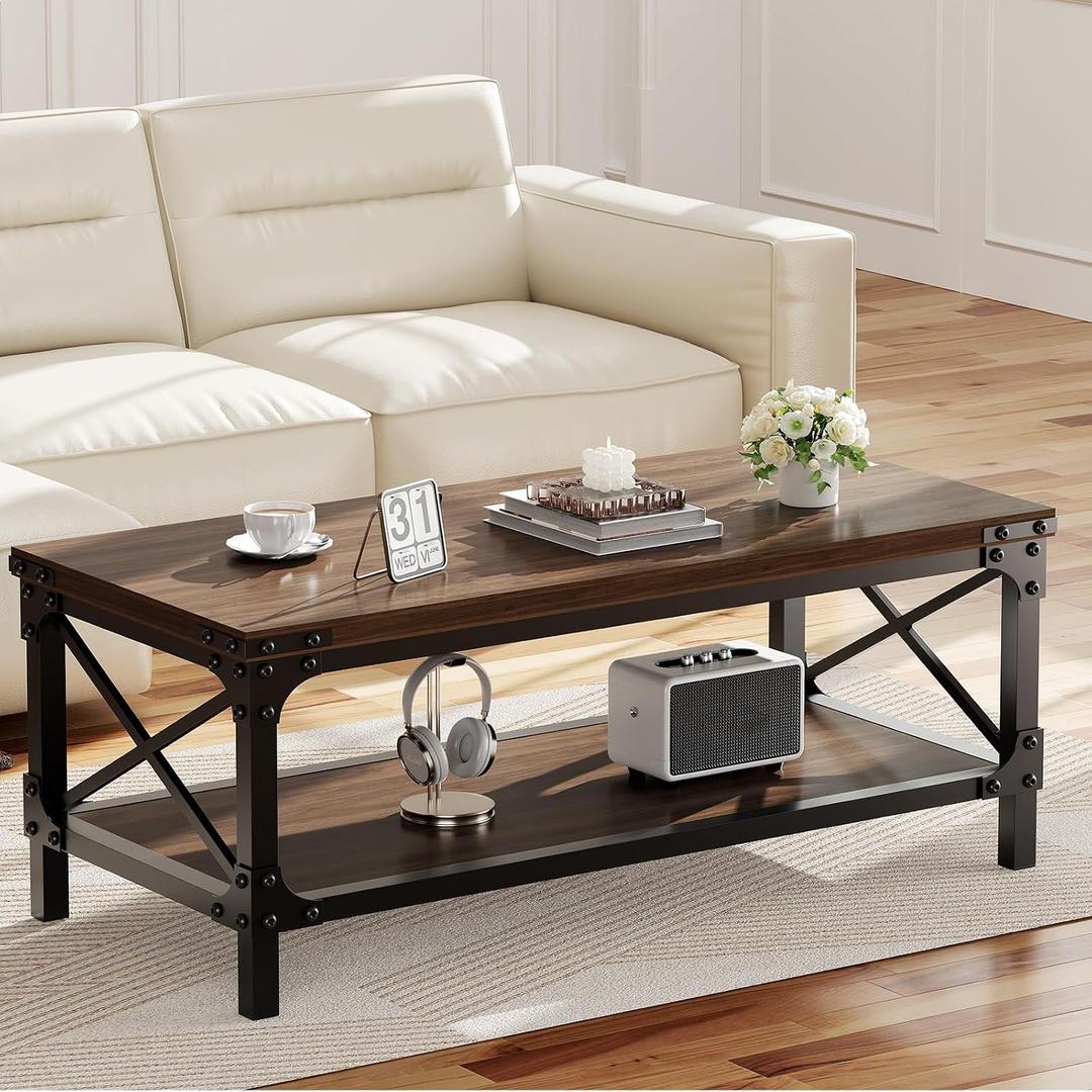 Rectangle Coffee Tables for Living Room, Wood Rectangular Coffee Table, 2 Tier Dark Brown Modern Center Table with Thickened Tabletop and Metal Frame, 47 inch Long (Walnut)