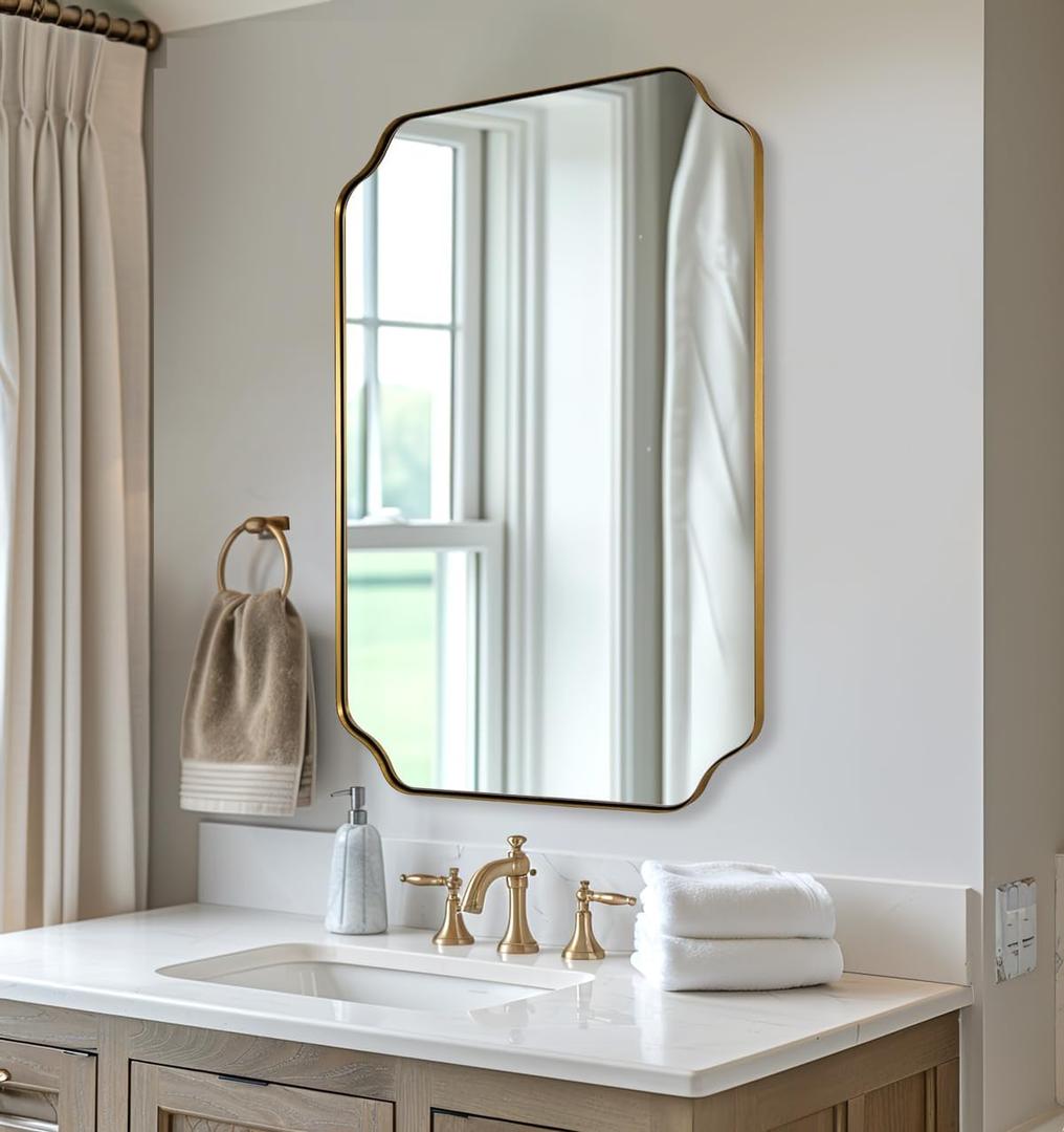 ANDY STAR 20"x30" Brushed Gold Scalloped Mirror, Bathroom Mirror for Over Sink, Antique Champagne Bronze Mirror in Rustproof Stainless Steel Thin Frame, Compact Size Ideal for Small Bathroom Remodel