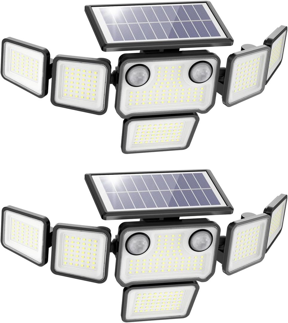 6000LM Solar Lights Outdoor, 310 LEDs Dual Motion Sensor Solar Flood Lights 6 Heads Security Wall Lights, IP65 Waterproof & Remote Control for Graden, Outside, Backyard, 2 Pack