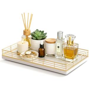 Large Bathroom Vanity Tray 13" x 8" Oak Decorative Wooden Tray for Bathroom Countertop & Vanity Organizer, Wood Tray for Perfume, Skincare & Accessories Storage, Vanity Dresser Decor Gold & White