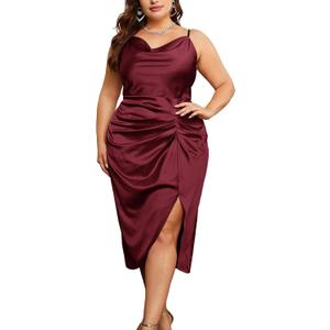 KIMCURVY Women's Plus Size Satin Dress Ruched Spaghetti Strap Cowl Neck Midi Party Cami Dress for Cocktail Party 18W