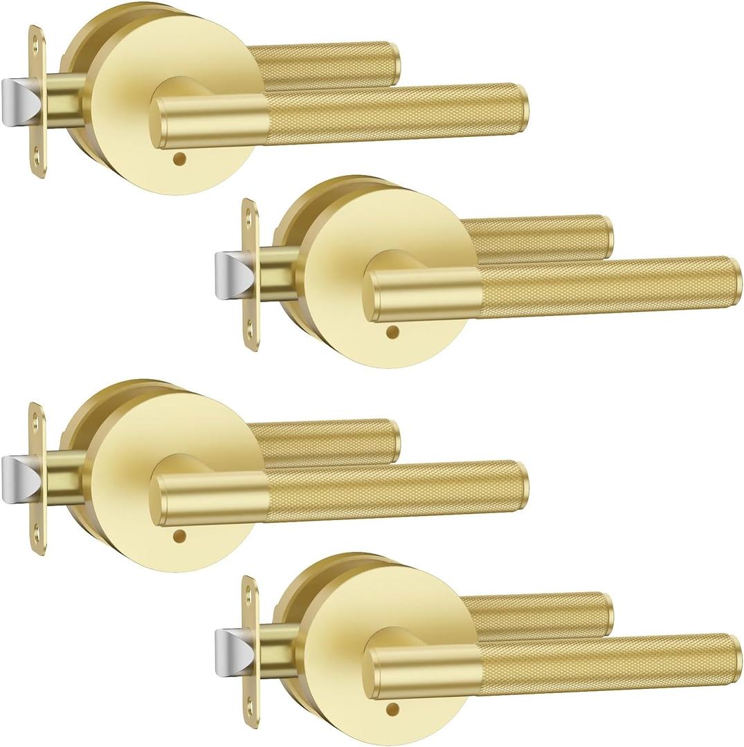Asidrama 4 Pack Privacy Gold Door Handles, Door Lever with Door Knobs Indoor for Bedroom or Bathroom, Heavy Duty Brushed Gold Door Handles Interior with Locks for Left Right Sided Doors