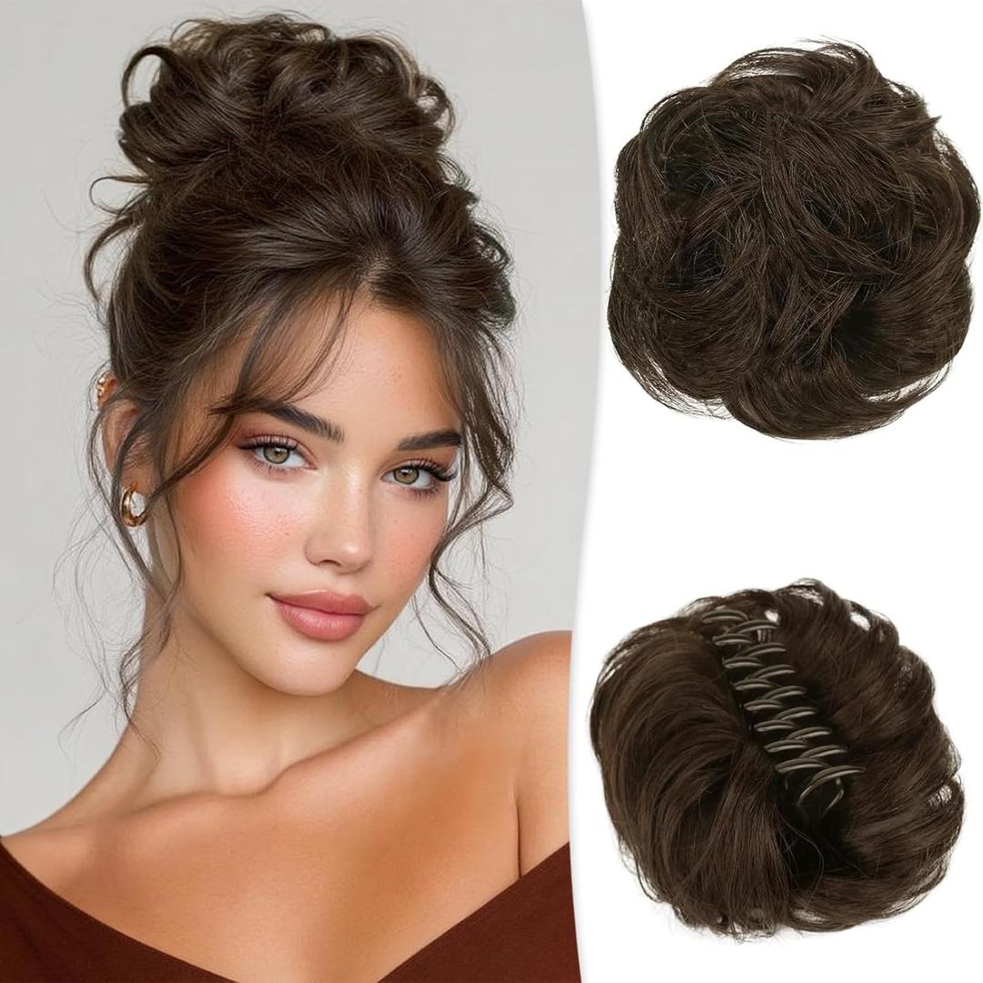 RUWISS Claw Clip Messy Bun Hair Piece Real Human Hair Buns Wavy Curly Chignon Hair Bun Extensions Tousled Updo Hair Buns Claw Clip Ponytail Hairpieces (Brown 2#L) (40g)