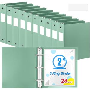 Henoyso 24 Pcs Sage Green 2 Inch 3 Ring Binder Bulk, Fits Letter Size 8.5'' x 11'' Paper, Holds 490 Sheets, 2 Pockets Plastic Binders Pack for School Office Home Organization, Press-to-Open Ring