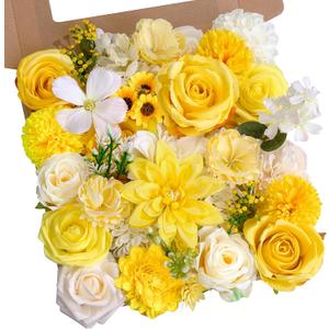 SWNAWE Yellow Flowers Artificial Roses Combo Set Fake Pink Silk Flowers Faux Peony Flowers Mix Dahlia with Stems for Wedding Bouquets Baby Bridal Shower Party Floral Arrangements Decor