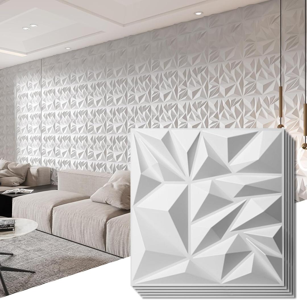 Art3d 33-Pack 3D Wall Panels for Interior Wall Decor, Modern Diamond Textured Accent Wall Paneling for Gaming Living Room TV Wall Background, 12 x 12 inch White