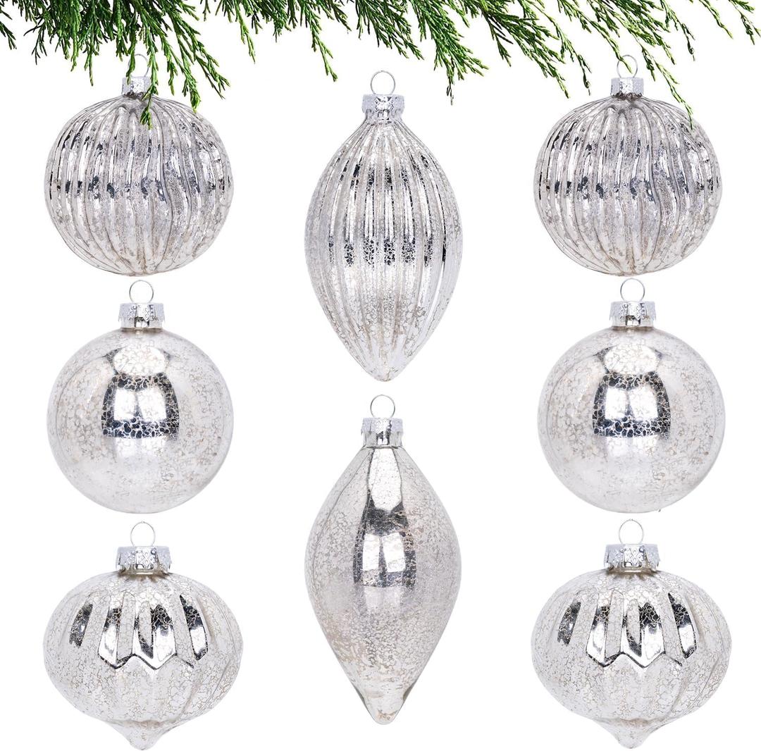 8 Pcs Large Silver Mercury Glass Christmas Ball Ornaments Set, Assorted 3.15''-5'' Hanging Baubles for Christmas Tree, Vintage Decorations for Winter Holiday Xmas Tree Decor